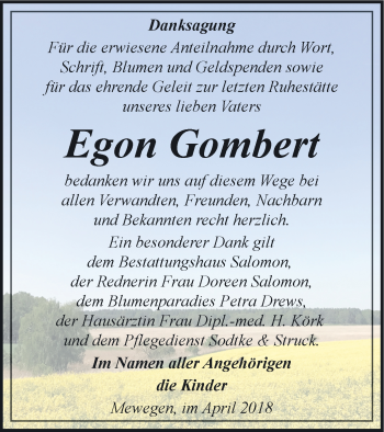 Traueranzeige von Egon Gombert von Pasewalker Zeitung