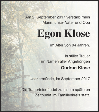 Traueranzeige von Egon Klose von Haff-Zeitung