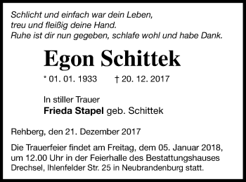 Traueranzeige von Egon Schittek von Neubrandenburger Zeitung