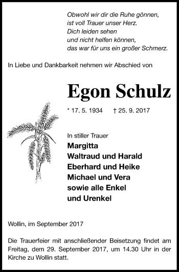 Traueranzeige von Egon Schulz von Pasewalker Zeitung