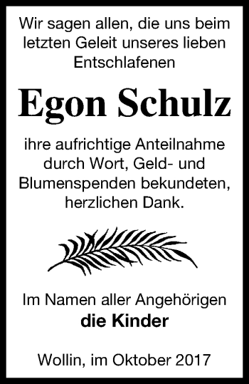 Traueranzeige von Egon Schulz von Pasewalker Zeitung