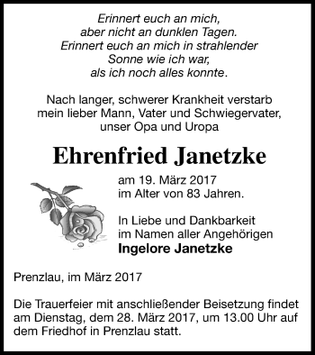 Traueranzeige von Ehrenfried Janetzke von Prenzlauer Zeitung