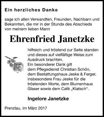 Traueranzeige von Ehrenfried Janetzke von Prenzlauer Zeitung