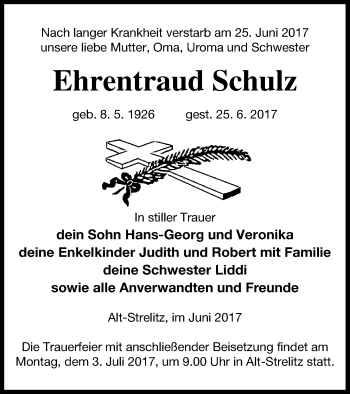 Traueranzeige von Ehrentraud Schulz von Strelitzer Zeitung