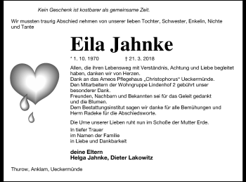 Traueranzeige von Eila Jahnke von Vorpommern Kurier