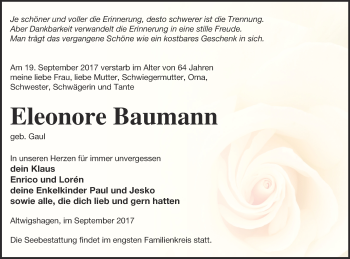 Traueranzeige von Eleonore Baumann von Haff-Zeitung