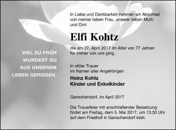 Traueranzeige von Elfi Kohtz von Demminer Zeitung