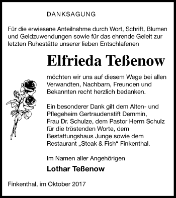 Traueranzeige von Elfrieda Teßenow von Mecklenburger Schweiz