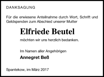 Traueranzeige von Elfriede Beutel von Vorpommern Kurier