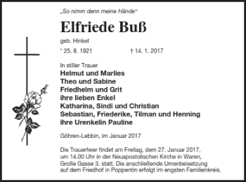 Traueranzeige von Elfriede Buß von Müritz-Zeitung