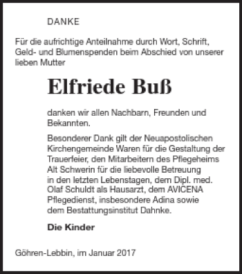 Traueranzeige von Elfriede Buß von Müritz-Zeitung