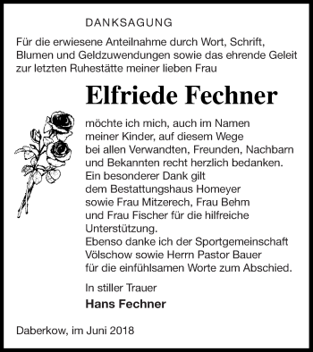 Traueranzeige von Elfriede Fechner von Vorpommern Kurier