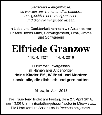 Traueranzeige von Elfriede Granzow von Strelitzer Zeitung