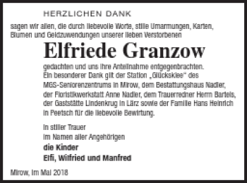 Traueranzeige von Elfriede Granzow von Strelitzer Zeitung