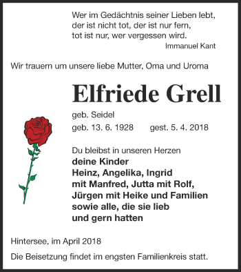 Traueranzeige von Elfriede Grell von Haff-Zeitung