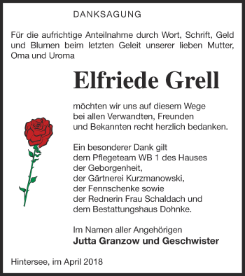 Traueranzeige von Elfriede Grell von Haff-Zeitung