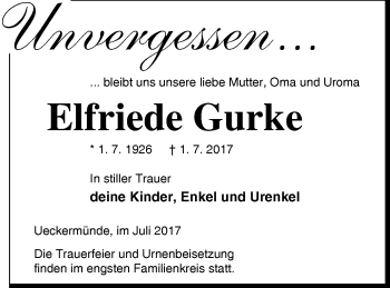 Traueranzeige von Elfriede Gurke von Haff-Zeitung