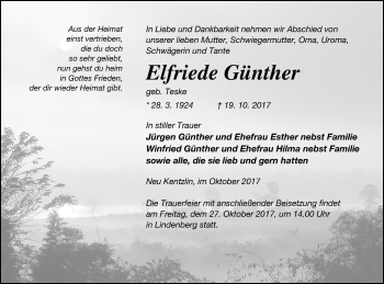 Traueranzeige von Elfriede Günther von Demminer Zeitung