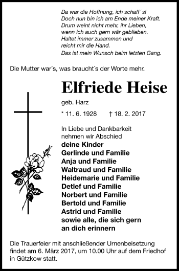 Traueranzeige von Elfriede Heise von Vorpommern Kurier