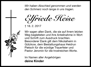 Traueranzeige von Elfriede Heise von Vorpommern Kurier