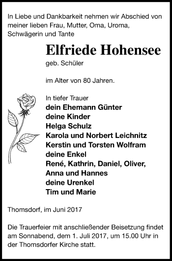 Traueranzeige von Elfriede Hohensee von Templiner Zeitung