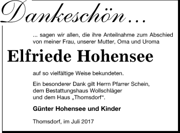 Traueranzeige von Elfriede Hohensee von Templiner Zeitung