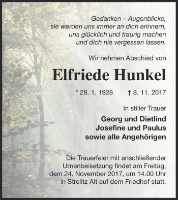 Traueranzeige von Elfriede Hunkel von Strelitzer Zeitung