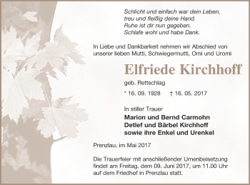 Traueranzeige von Elfriede Kirchhoff von Prenzlauer Zeitung