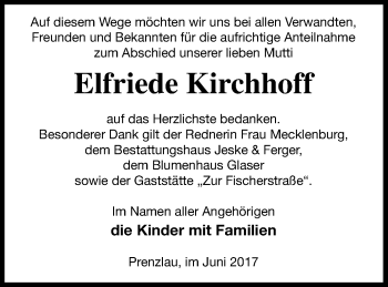 Traueranzeige von Elfriede Kirchhoff von Prenzlauer Zeitung