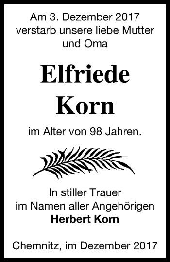 Traueranzeige von Elfriede Korn von Neubrandenburger Zeitung