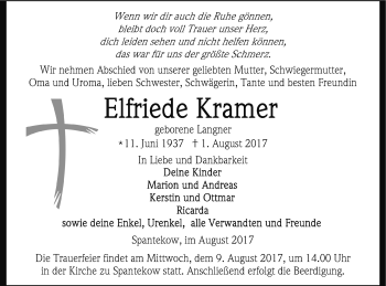 Traueranzeige von Elfriede Kramer von Vorpommern Kurier