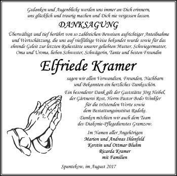 Traueranzeige von Elfriede Kramer von Vorpommern Kurier