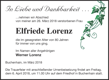 Traueranzeige von Elfriede Lorenz von Templiner Zeitung