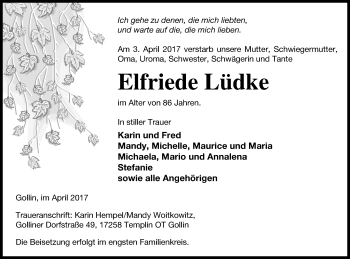 Traueranzeige von Elfriede Lüdke von Templiner Zeitung