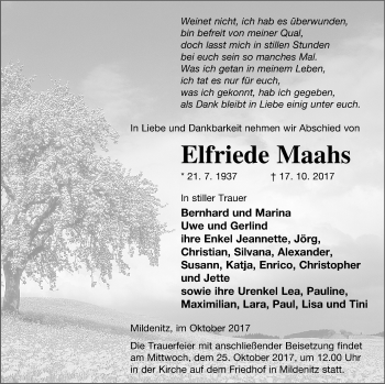 Traueranzeige von Elfriede Maahs von Strelitzer Zeitung