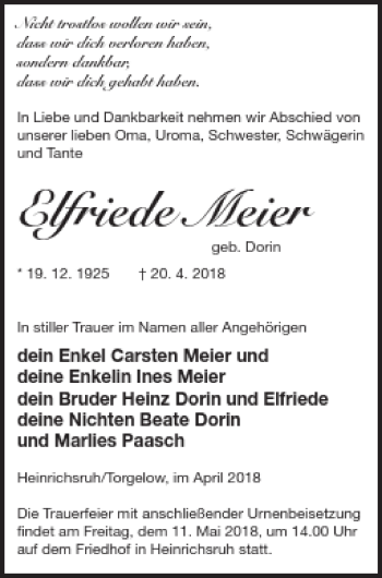 Traueranzeige von Elfriede Meier von Vorpommern Kurier