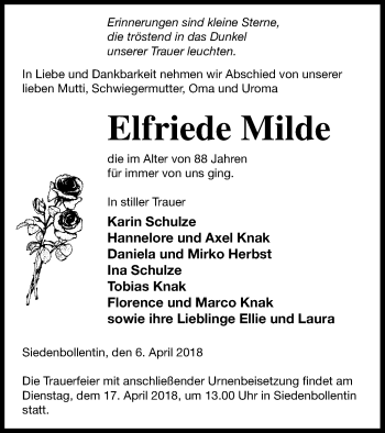 Traueranzeige von Elfriede Milde von Neubrandenburger Zeitung