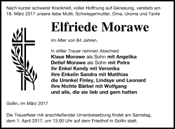 Traueranzeige von Elfriede Morawe von Templiner Zeitung