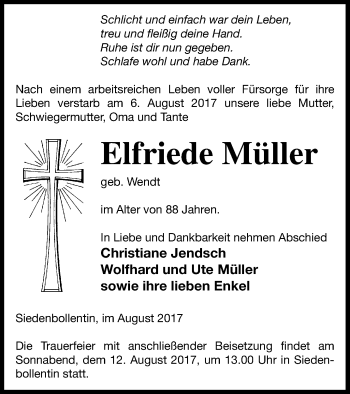 Traueranzeige von Elfriede Müller von Neubrandenburger Zeitung