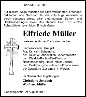 Traueranzeige von Elfriede Müller von Neubrandenburger Zeitung