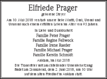 Traueranzeige von Elfriede Prager von Vorpommern Kurier