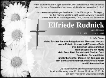 Traueranzeige von Elfriede Rudnick von Strelitzer Zeitung