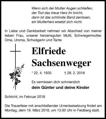 Traueranzeige von Elfriede Sachsenweger von Strelitzer Zeitung