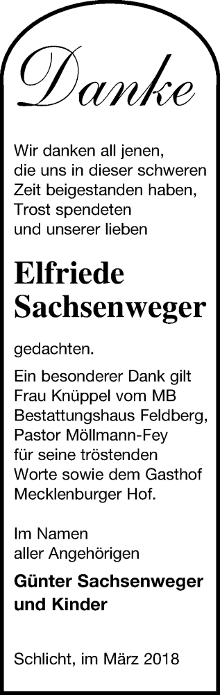 Traueranzeige von Elfriede Sachsenweger von Strelitzer Zeitung