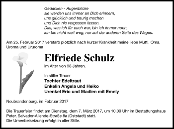 Traueranzeige von Elfriede Schulz von Neubrandenburger Zeitung
