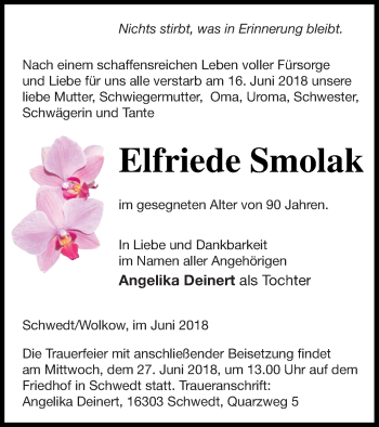 Traueranzeige von Elfriede Smolak von Neubrandenburger Zeitung