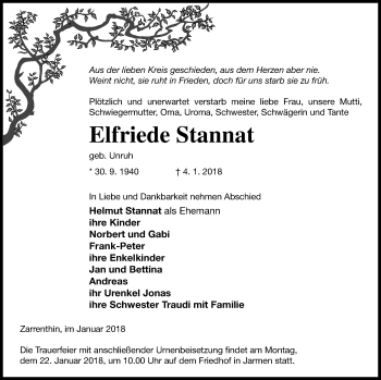 Traueranzeige von Elfriede Stannat von Vorpommern Kurier