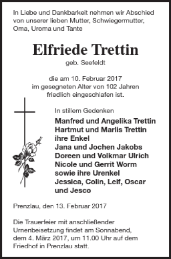 Traueranzeige von Elfriede Trettin von Prenzlauer Zeitung
