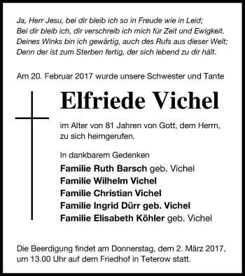 Traueranzeige von Elfriede Vichel von Mecklenburger Schweiz