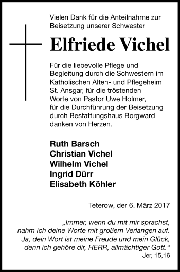 Traueranzeige von Elfriede Vichel von Mecklenburger Schweiz